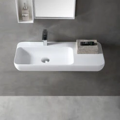 Lavabo Mural / Vasque à Poser TWG202 En Solide Surface (Solid Stone) - Blanc Mat - 90x40x12cm