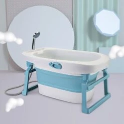 Baignoire Bébé Ergonomique Pliable Et Rabattable I Pour Nouveau-nés, Bébés Et Tout-Petits I Avec Bouchon De Vidange Pour Evacuer L'eau I Bleu