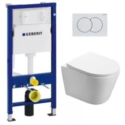 Geberit Pack WC Bâti-support + WC Swiss Aqua Technologies Infinitio Sans Bride + Plaque Blanc Alpin (InfinitioGeb1)
