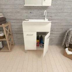 MEUBLE BUANDERIE AVEC LAVOIR 60CM AVEC PORTES EN CHÊNE BLANC PRATICO -Geberit || Grohe || ALLIBERT Soldes 35896950 4