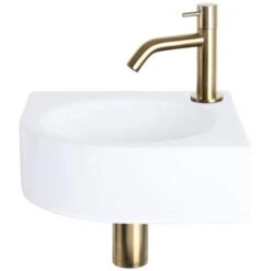 Differnz Cleo Set Lave-mains 30x30x10cm 1 Trou Avec Robinet Courbé Et Siphon + Bonde Or Mat Quart De Rond Céramique Blanc