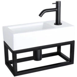 Differnz Ravo Set Lave-mains 38.5x18.5x24.5cm 1 Trou Avec Robinet Courbé Et Siphon + Bonde Noir Mat Rectangulaire Céramique Blanc