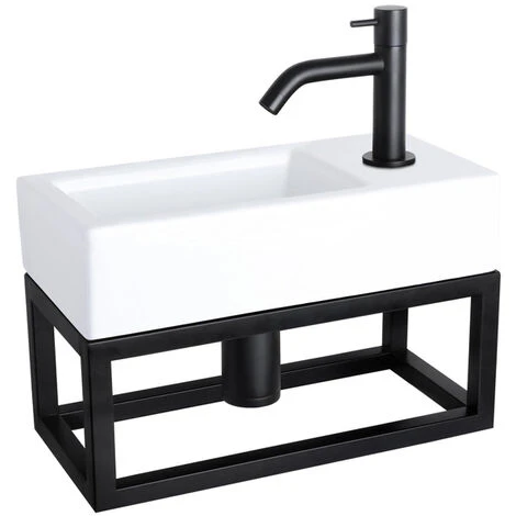 Differnz Ravo Set Lave-mains 38.5x18.5x24.5cm 1 Trou Avec Robinet Courbé Et Siphon + Bonde Noir Mat Rectangulaire Céramique Blanc 3 Differnz Ravo Set Lave-mains 38.5x18.5x24.5cm 1 Trou Avec Robinet Courbé Et Siphon + Bonde Noir Mat Rectangulaire Céramique Blanc
