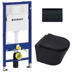 Geberit Pack WC Bati Duofix + WC Sans Bride SAT Infinitio Noir Mat + Abattant Frein De Chute + Plaque Delta 50 Noire