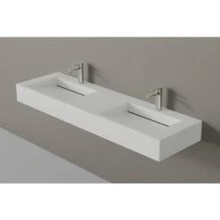 Lavabo Mural En Fonte Minérale TWG16 - 153 X 45 X 15 Cm - Couleur Au Choix - Base En Acier Inoxydable Noir Mat En Option Blanc Mat, Sans Console Métallique