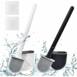 Brosse Toilette Silicone Plate Paquet De 2, Brosse WC Et Supports, Balai WC Mural, GU.B/bon Brosse WC En Silicone Noir + Blanc