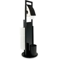 WENKO Serviteur WC Ravina 3en1, Brosse WC Et Dérouleur Papier Toilette, Range Papier Toilette Jusqu'à 3 Rouleaux, Acier Inox - Verre Trempé, Ø 20x70 Cm, Noir