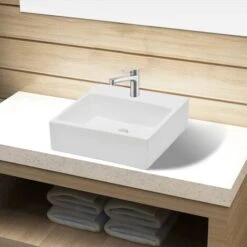VIDAXL Évier De Salle De Bain En Céramique Carré Avec Trou De Différentes Couleurs Trou Du Robinet Lavabo Carré à Trou Pour Robinet Céramique Blanc Couleur : BLANCHE