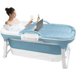 Froadp Baignoires Pliante Adultes Mobiles Pour Bébés Bathtubs Avec Couvercle & Tablette & Mains Courantes Baignoire Sur Pied Baignoire-Douche Portable Sauna Pour Salle De Bain Extérieur (118x60x53cm)