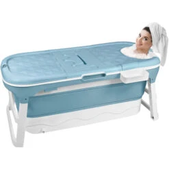 Froadp Baignoires Pliante Adultes Mobiles Pour Bébés Bathtubs Avec Couvercle & Tablette & Mains Courantes Baignoire Sur Pied Baignoire-Douche Portable Sauna Pour Salle De Bain Extérieur (128x60x53cm)