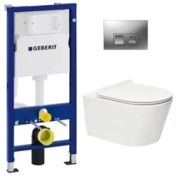 Geberit Pack WC Bâti-support Duofix UP100 + WC Sans Bride SAT Brevis + Abattant Ultra-fin, Softclose + Plaque Chrome Mat