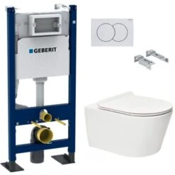 Geberit Pack Autoportant Bâti-support Duofix + WC Sans Bride SAT Brevis + Abattant Ultra-fin, Softclose + Plaque Blanche