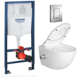 Grohe Pack WC Bâti-support Rapid SL + WC Sans Bride Avec Fonction Bidet Thermostatique + Plaque Chrome (RapidSL-SATClean-1)