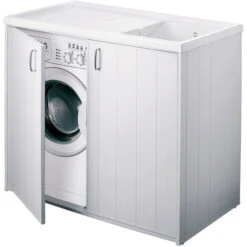 Bac à Laver Avec Meuble Cache Lave Linge En PVC Blanc 109x60 Cm Mod. Silvestro