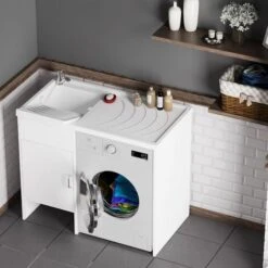 Meuble Cache Lave Linge Avec Bac à Laver Réversible En PVC Blanc 110x64,5 Cm Mod. Irene -Geberit || Grohe || ALLIBERT Soldes 83907899 3