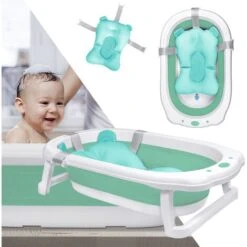 AUFUN Baignoire Bébé Pliable Baignoire Bébé Ergonomique Avec Pieds Antidérapants Pour Bébés, Baignoire Pliable (Vert, Avec Oreiller )