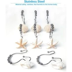 Crochets De Rideau De Douche Décoratifs Océan Antirouille, Anneaux De Rideau De Douche En Acier Inoxydable Avec 5 Rouleaux Coulissants Pour Salle De Bain Et Douche Lot De 12 Crochets -Geberit || Grohe || ALLIBERT Soldes 88773397 4