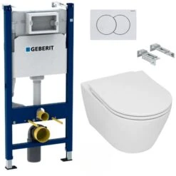Geberit Pack WC Bâti-support + WC Sans Bride Serel SP26, Fixations Invisibles + Plaque Blanche (SP26Geb3)