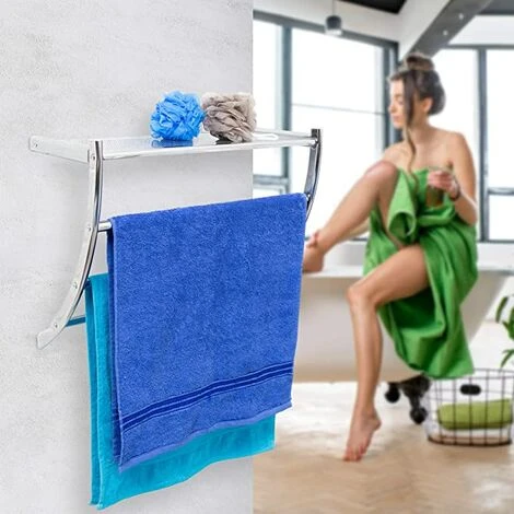 Étagère Porte-serviette Murale Salle De Bain Toilette Serviette Acier Chromé HxlxP 43 X 56 X 23 Cm Rangement Argenté 4 Étagère Porte-serviette Murale Salle De Bain Toilette Serviette Acier Chromé HxlxP 43 X 56 X 23 Cm Rangement Argenté – Image 2