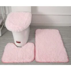 Tapis Contour WC Lot De 3 Tapis De Salle De Bain Doux En Microfibre - Antidérapants - Avec Revers Clouté En Flanelle PVC - Tapis De Bain + Tapis Contour WC + Housse Pour Abattant - Rose